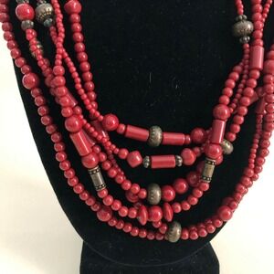 Vintage Crown PD 6 Strand Red Brown Beaded Necklace 18" T7